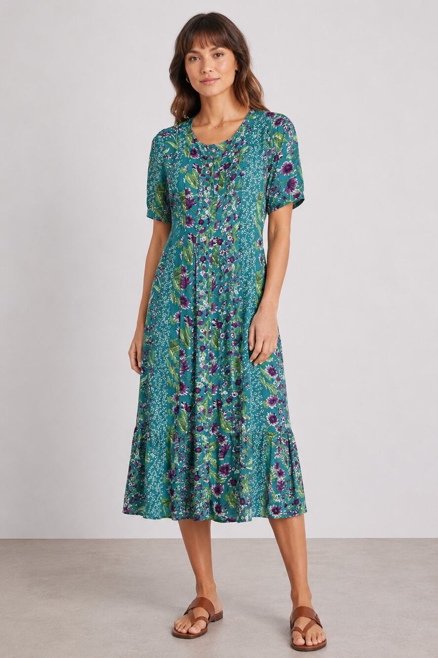 Vermont Country Store S Delightful Garden $80 Button Front Midi Dress RAYON Blue